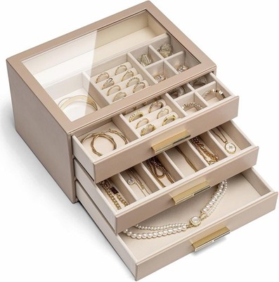 VLANDO Jewelry Box for Women,Jewelry Organizer with Drawers, Glass Lid Display