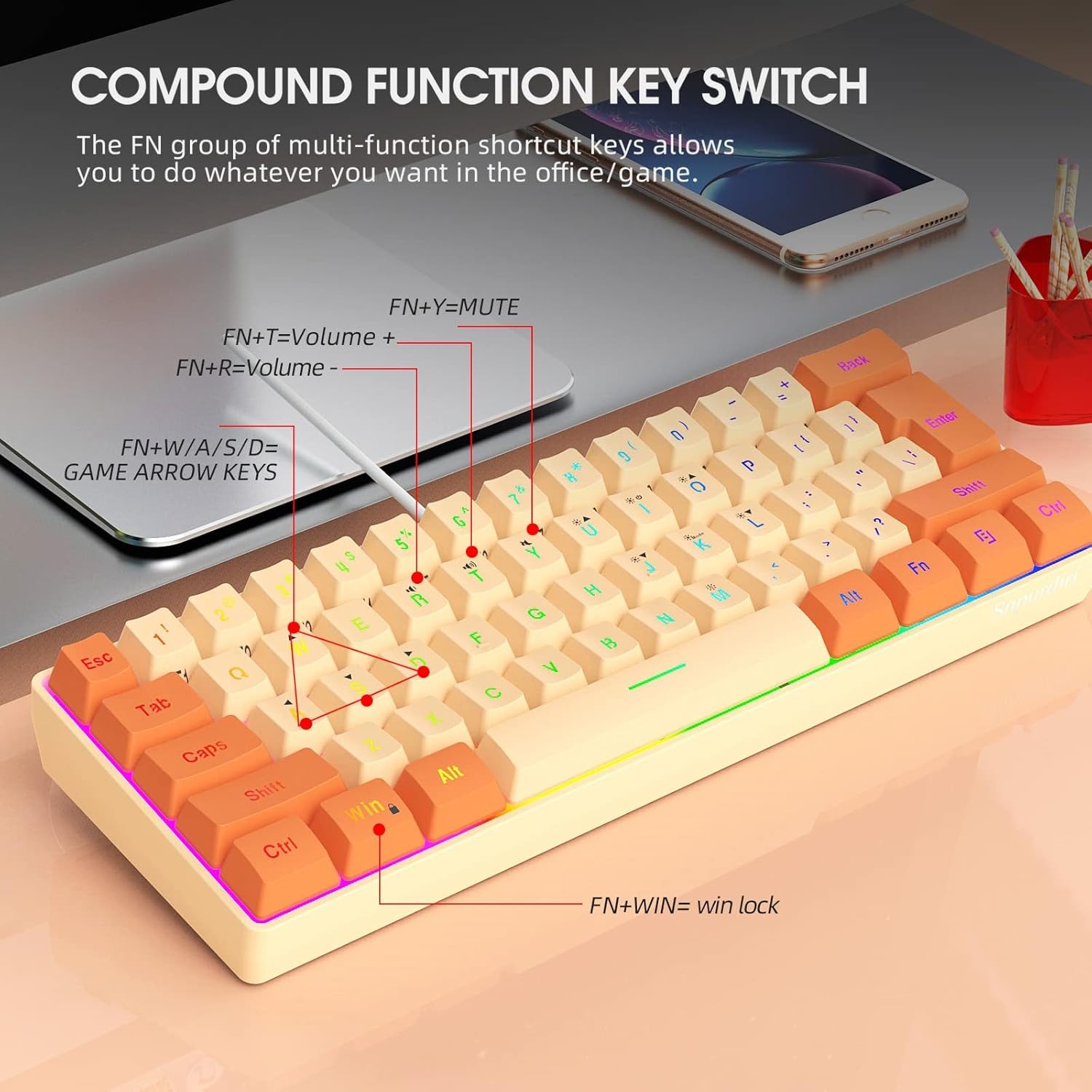 60% Wired Gaming Keyboard 61 Keys RGB Backlit Ultra-Compact Small for PC Mac