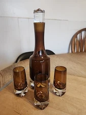 Vintage Mid Century Modern Denby Milnor Of Sweden Decanter & 3 Glasses Skol Cut