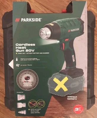 Parkside Cordless Heat Gun 20V, Gun + 3 accessories + box - no battery/charger
