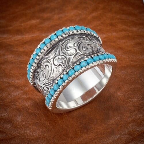 Charm 925 Silver Turquoise Bohemian Ring Women Wedding Engagement Fine Jewelry - Picture 1 of 5