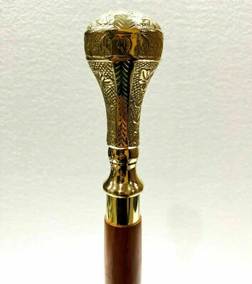 Vintage Designer Brass Handle Antique Style Victorian Cane Wooden Walking Stick