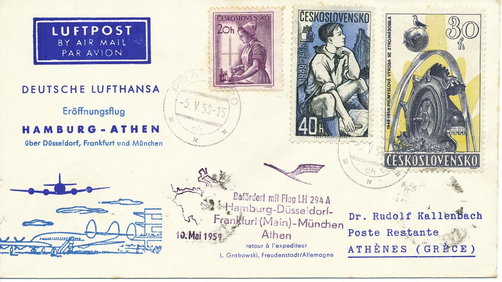 Czechoslovakia 1959 Rare. Cab. follower post of Lufthansa Hamburg-Athens