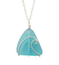 Handmade in Hawaii, wire wrapped ocean wave blue sea glass necklace, Sea glass