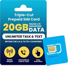H2O Wireless SIM Plan U.S.A. Unlimited Talk Text & Data 20GB 4G/5G + 5GB Hotspot