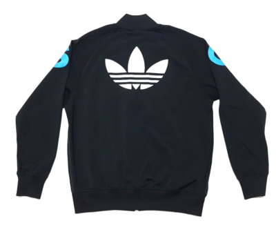 ADIDAS BIG SPELL OUT TREFOIL BLACK BLUE WHITE TRACK JACKET SIZE L