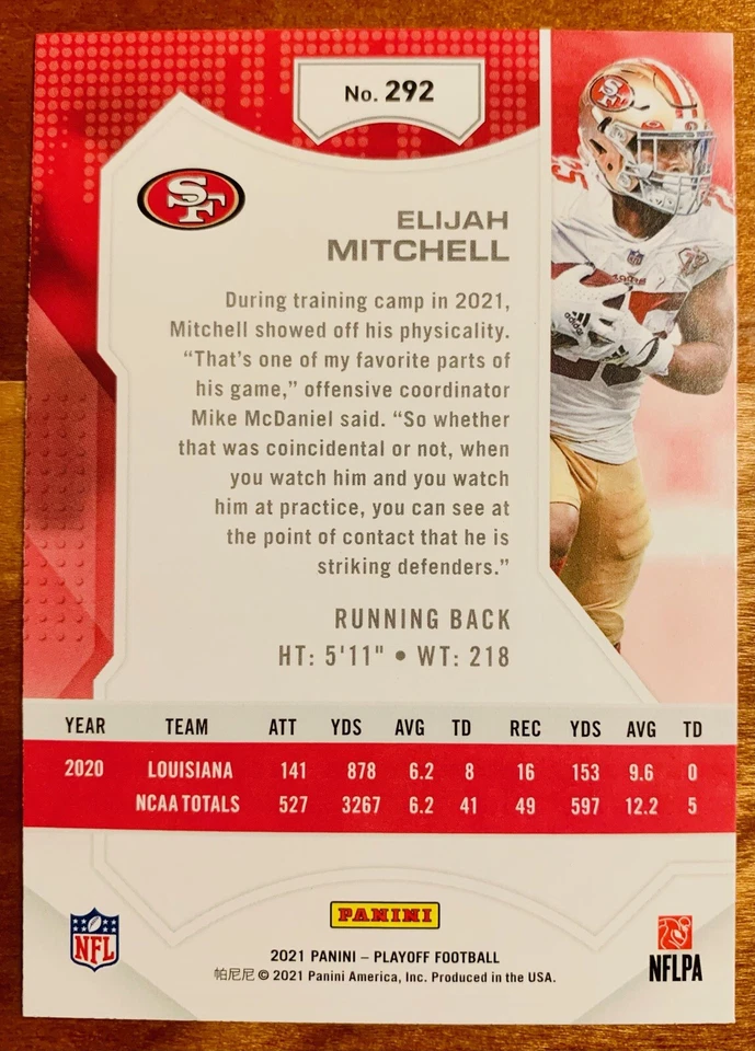 2021 Panini Playoff Goal Line Blue Foil #292 Elijah Mitchell RC - SF 49ers - Image 2 of 2