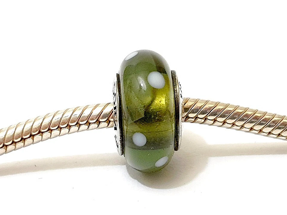 Pandora Charm Bead Murano Glas Grau mit Weiß Punkte & Sterling Silber 925 ALE