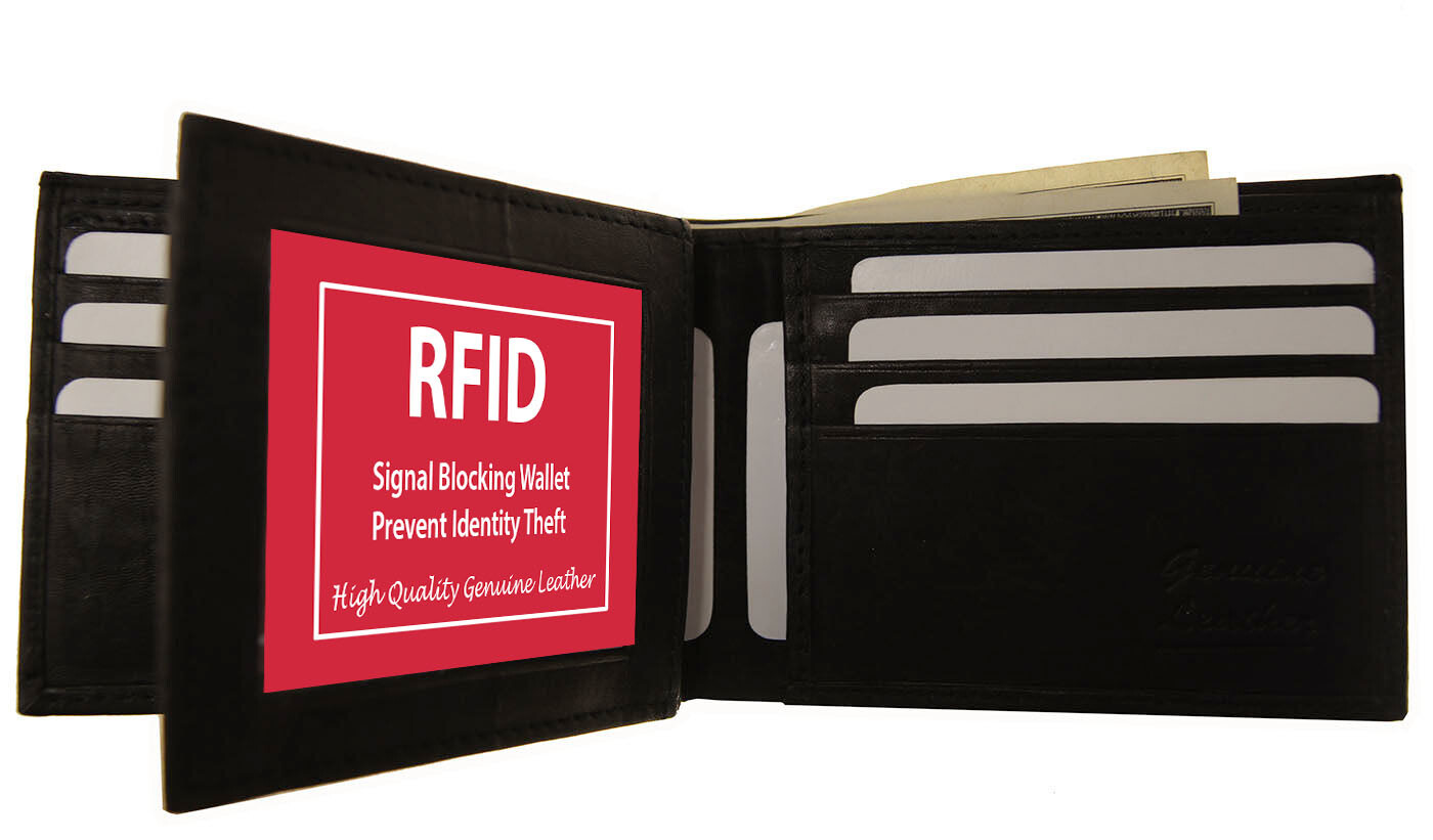 Black RFID Blocking Mens Bifold Card ID Leather Wallet Center Flap Holder