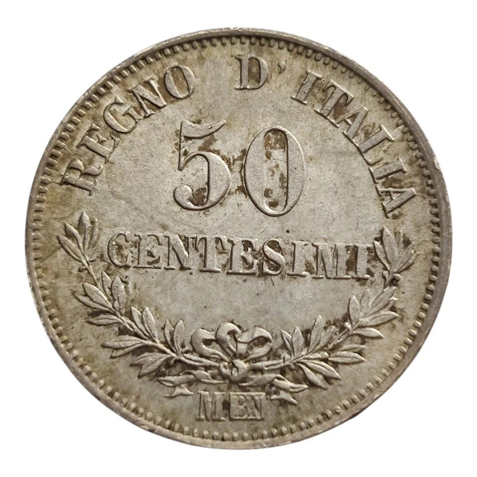 1867-M BN Italy 50 Centesimi Victor Emmanuel II Lusterous Small Silver Coin 10K - Image 2 of 2