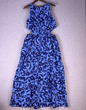 Who What Wear Maxi Dress XL Blue Cotton Floral Cut Out Waist Cottage Romantic