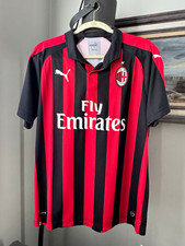 PUMA AC Milan Soccer Jersey Red/Black Striped Fly Emirates Size L