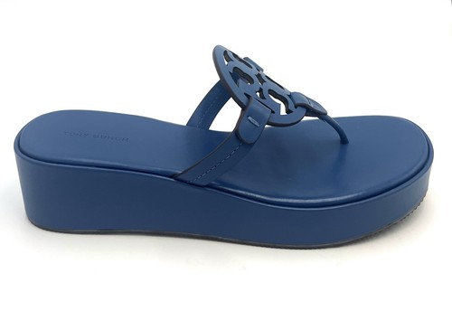 TORY BURCH MILLER WEDGE SANDAL 25MM DARK BLUE LEATHER LOGO SZ US 1O SOLD OUT NIB - Picture 5 of 17