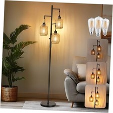 Dimmable Boho Floor Lamp - 3 Light Farmhouse Rattan Black Brown Lampshades