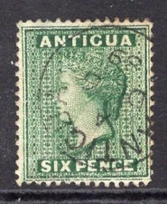 ANTIGUA 1884-87 6D DEEP GREEN VERY FINE CDS USED. STANLEY GIBBONS NUMBER 29.