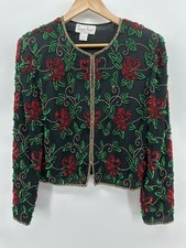 Vintage Laurence Kazar Sequin Beaded Silk Poinsettia Sz M Jacket Holiday AC24