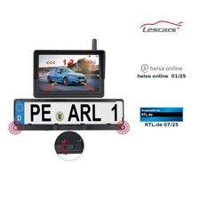 Lescars Solar-Funk-HD-Rückfahrcam Nummernschildhalter, Monitor, Abstandswarner