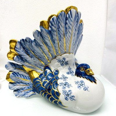 Societa Porcellane Artistiche Firenze XL Prunk Figur Taube Blau Gold Florenz 30c