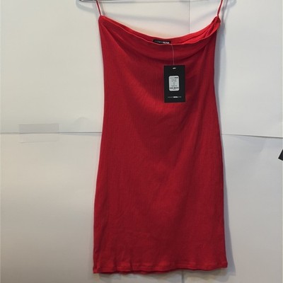 Fashion Nova Trinity Red Ribbed Bodycon Fit Medium Tube Slit Back Mini Dress