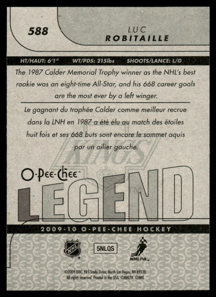 2009-10 O-Pee-Chee MARQUEE LEGEND Luc Robitaille Los Angeles Kings #588 - Image 2 of 2