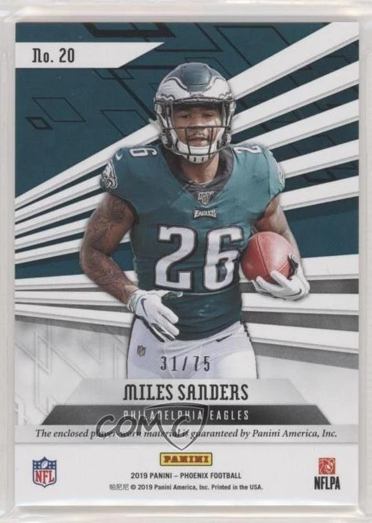 2019 Panini Phoenix RPS Memorabilia Purple /75 Miles Sanders #20 Rookie RC - Image 2 of 2