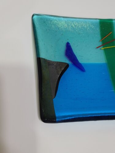 Gaya Studio Art Glass Square Trinket Dish Plate Green Blue Mid Century Modern - Picture 8 of 11