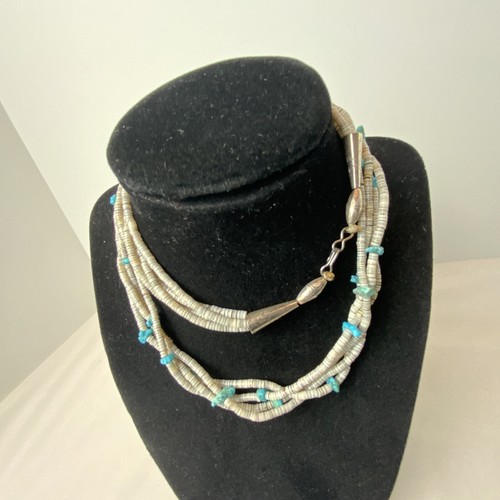 VTG Santo Domingo Native American Turquoise Chunk Shell Silver 4 Strand Necklace - Picture 13 of 13