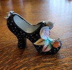 Vintage Porcelain Miniature High Heel Shoe Black Raised Polka Dot Flowers JAPAN — photo 1