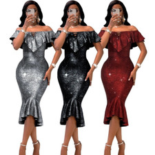 Fashion Women's Strapless Boat Neck Fish Tail Shiny Bodycon Party/Cocktail Dress