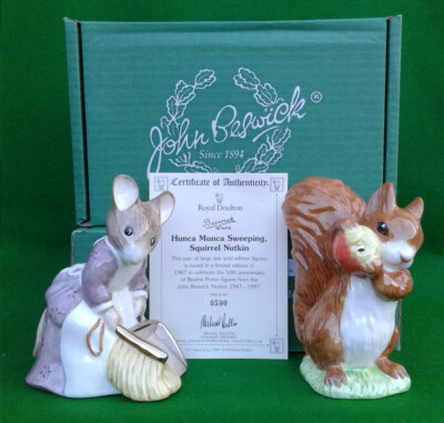 BESWICK BEATRIX POTTER - HUNCA MUNCA SWEEPING & SQUIRREL NUTKIN - GOLD EDITION.