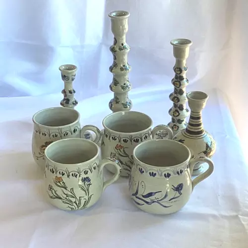 Vintage G. Nikolaou 8 piece Greek Folk Art Pottery 4 mugs, 3 candlestick, vase