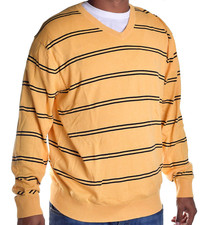 Nautica Mens Luxury Performance Yellow Navy Stripe V Neck Sweater Small
