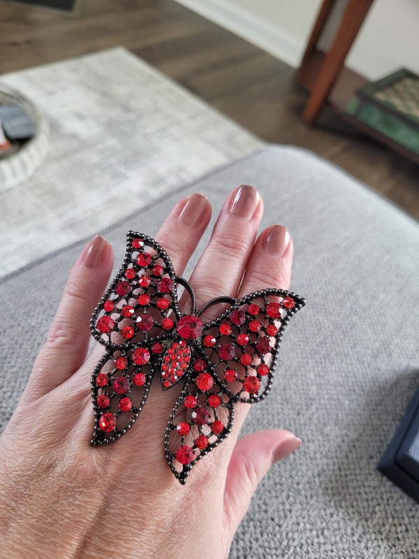 Vintage LARGE Butterfly Ring Red Crystals Statement Ring