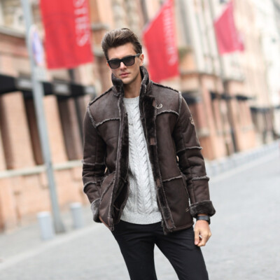 Winter Mens Mid-length Faux Leather Spliced ​​jacket Stand Collar