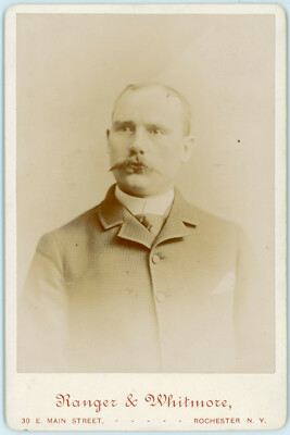 Dapper Man with Walrus Mustache Antique Cabinet Card Photo Rochester NY