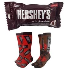 2 Pair Hershey's Chocolate Themed Crew Socks GIFT BAG Men's Shoe Size 8-13 B38MP