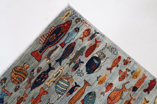 8x10 ft Fish Animal Gray Area Rug Afghan Hand Knotted Veg Dyes Wool Rug - Picture 5 of 12