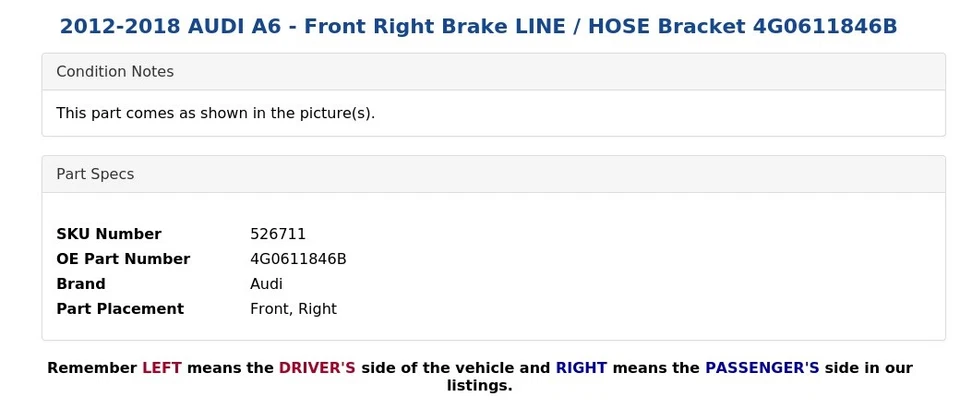 AUDI A6 2012-2018 - Freno delantero derecho línea/soporte manguera 4G0611846B Foto 4 de 4