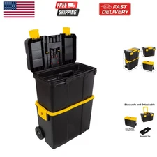 Portable Tool Box with Wheels - Stackable 2-in-1 Tool Chest with Fold-Down Co...