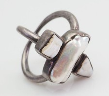 Unique modern double band sterling silver mother of pearl designer ring size 8