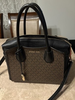 Michael Kors Mercer Medium Logo Monogram Belted Satchel Zip Lock Brown/Black