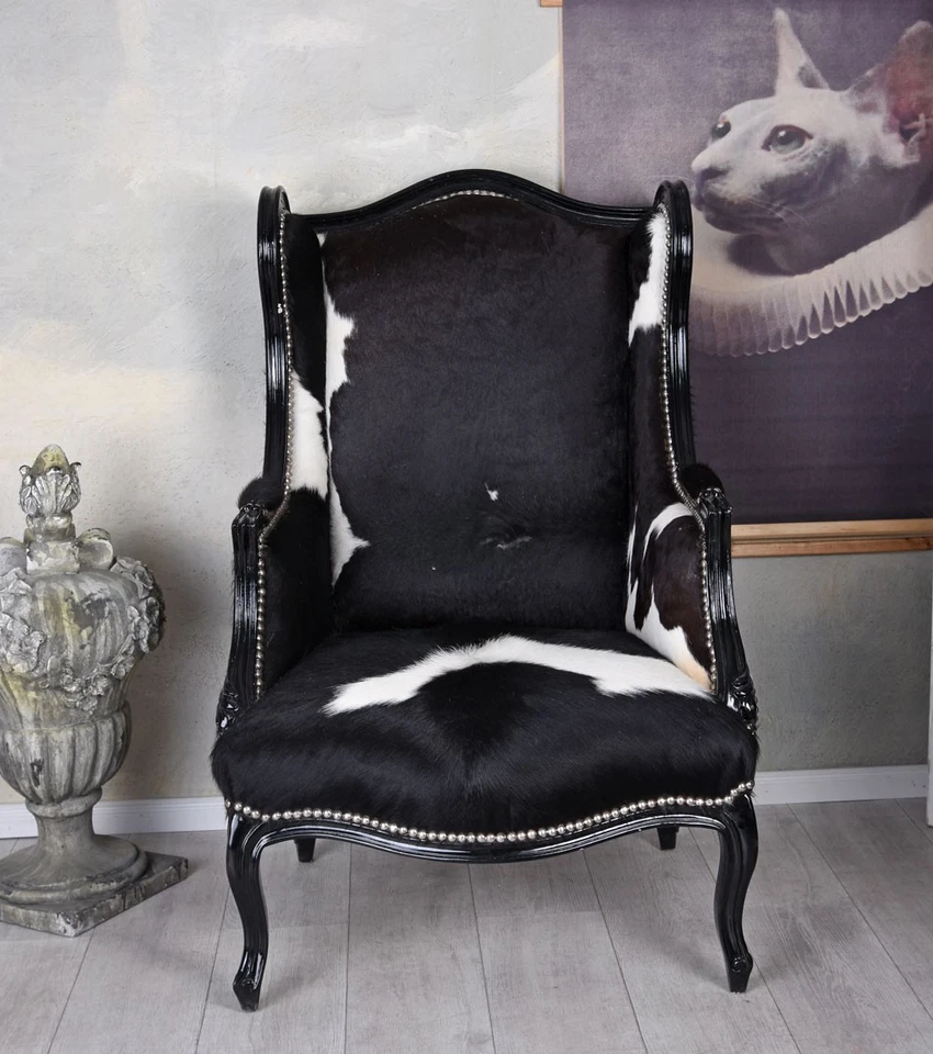 Luxus Sessel Barock Ohrenbackensessel Armlehnsessel Kuhfell Kaminsessel Antik - Bild 2 von 4