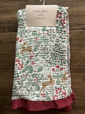 3 Laura Ashley Kitchen Towel Set - HOLLY DAY - Ruffled Bottom - Gauze Cotton NWT