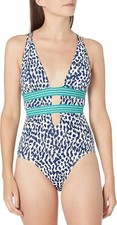 Cole of California Women Standard Plunge One Piece Swimsuit Navy Print 6 NWT
