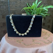 Black Velvet Evening Clutch with Gold Crystal Chain