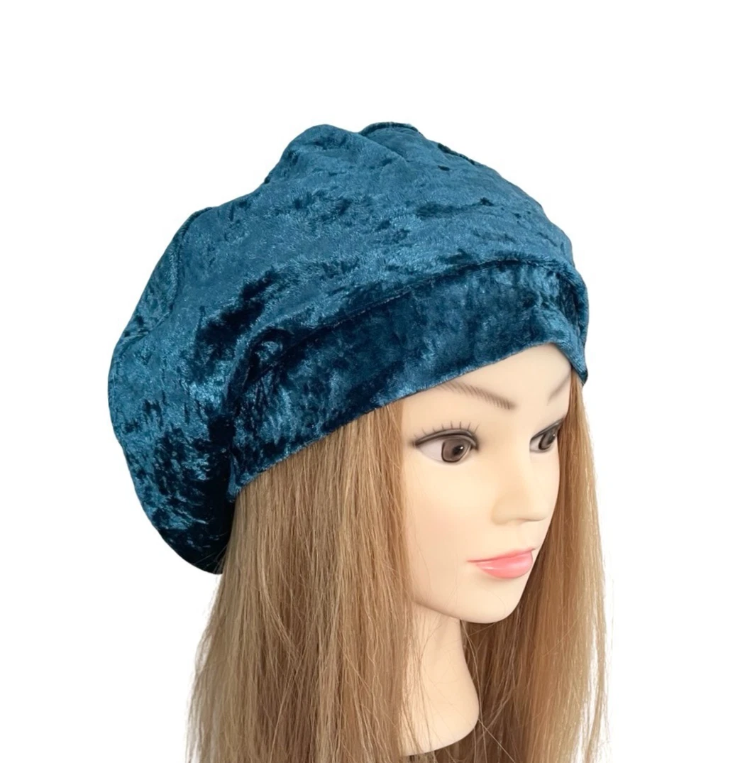 Velvet Beret Teal Blue Crushed Velvet Unlined Soft Beret Retro Hat for Women