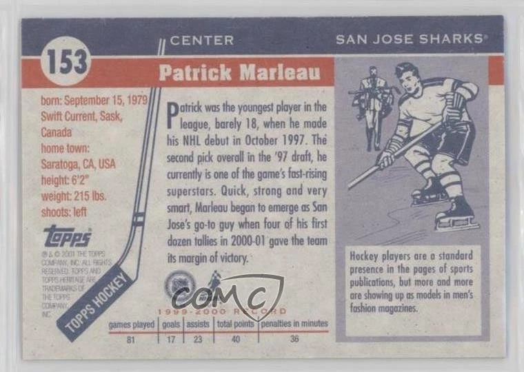 2000-01 Topps Heritage Patrick Marleau #153 - Image 2 of 2
