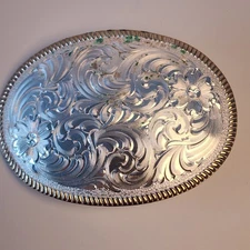 Cowboy Cowgirl Ornate Roped Edge Silver Plate Montana Silversmiths Belt Buckle