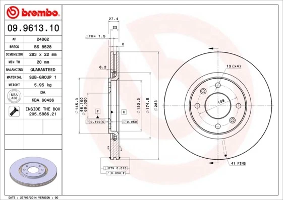 2x BRAKE DISC 09.9613.10 FOR PEUGEOT 405/Mk/II/Break 306/Hatchback RGZ 2.0L 306 - Image 2 of 4
