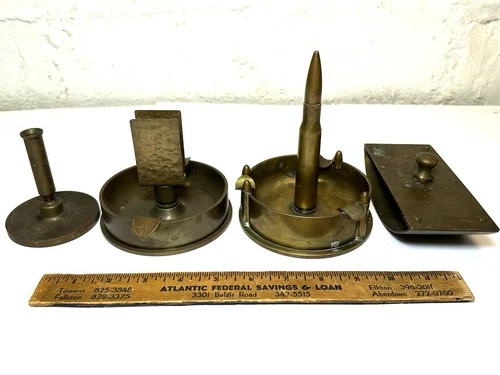LOT OF (4) ORIGINAL WW2 US TRENCH ART ASH TRAY INK BLOTTER & PEN HOLDER ANTIQUE